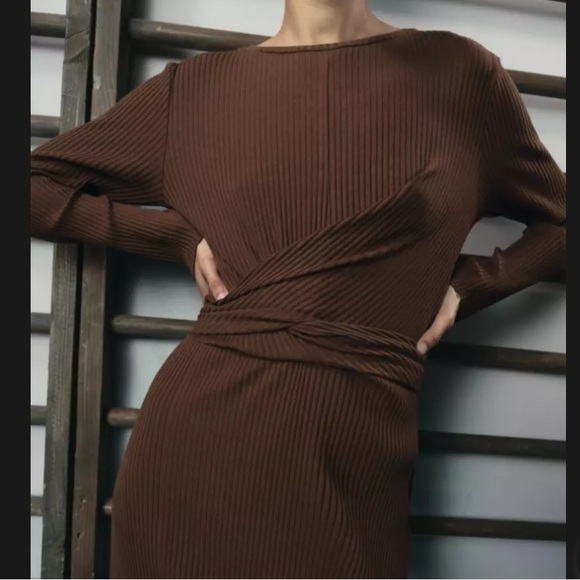 ZARA LONG KNIT MIDI BELTED WRAP DRESS CHOCOLATE BROWN - Picture 2 of 7